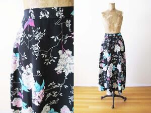 Vintage 2000s Floral Midi Skirt Small - Y2K Black Pink Blue Flower Print Skirt